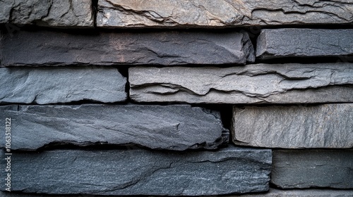 Stack of basalt paving slabs arranged neatly, displaying their natural stone texture and colors. This image highlights a stack of basalt paving slabs, ideal for design projects, with ample copy space. photo