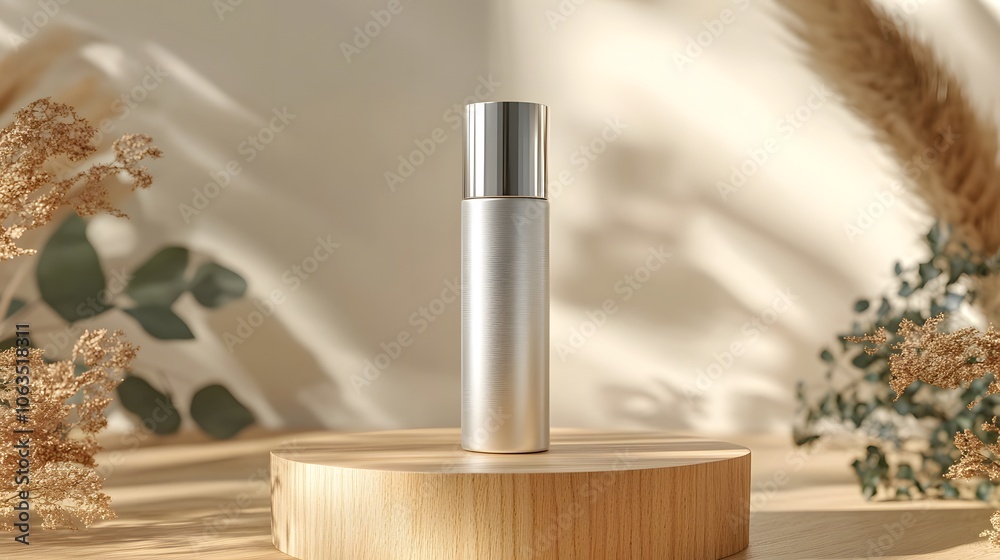 A sleek silver bottle on a wooden pedestal, surrounded by natural elements. A sleek silver bottle on a wooden pedestal, surrounded by natural elements.