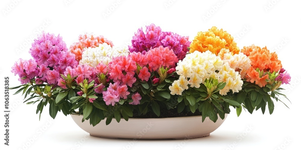 Fototapeta premium A lovely display of vibrant rhododendrons beautifully arranged in a pot, set against a clean white background, captures attention with their stunning colors and appearance.