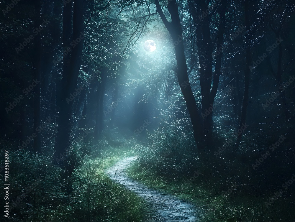 Fototapeta premium Moonlit Forest Path Leading into Mysterious Darkness and Unknown Journey