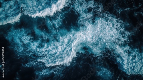 Aerial view of a churning ocean captures the dynamic movement of water, illustrating the powerful energy of the sea with ample space for text or graphics. photo