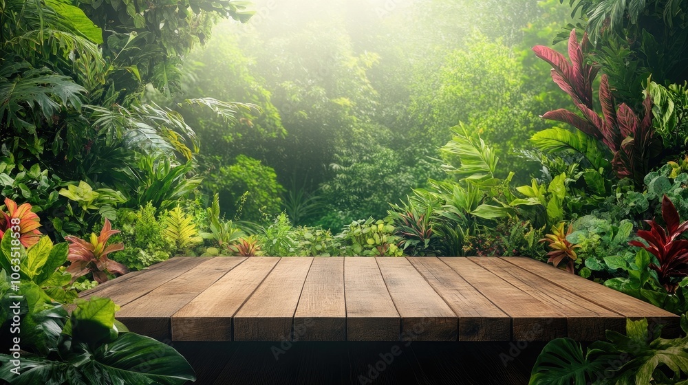 Obraz premium Wooden table with empty space at the top, emphasizing photosynthesis in healthy ecosystems, surrounded by vibrant forested beauty and natural elements.