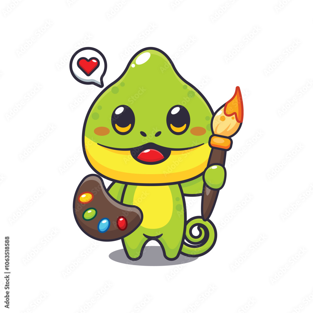 Fototapeta premium Chameleon painter cartoon vector illustration