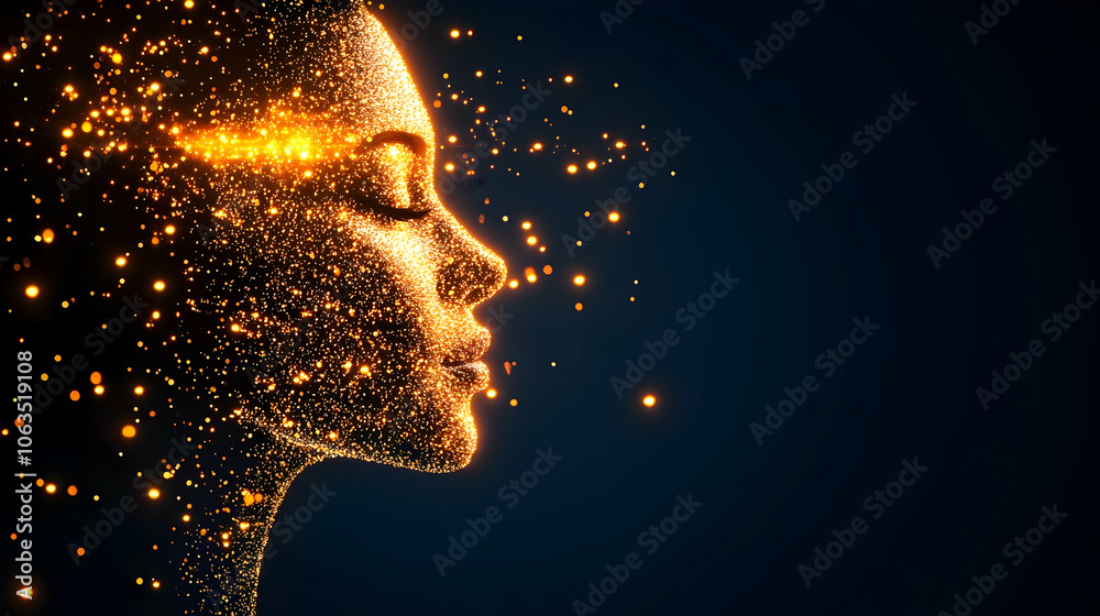 Obraz premium Woman's face made of golden particles, female, profile, silhouette, glitter, sparkle
