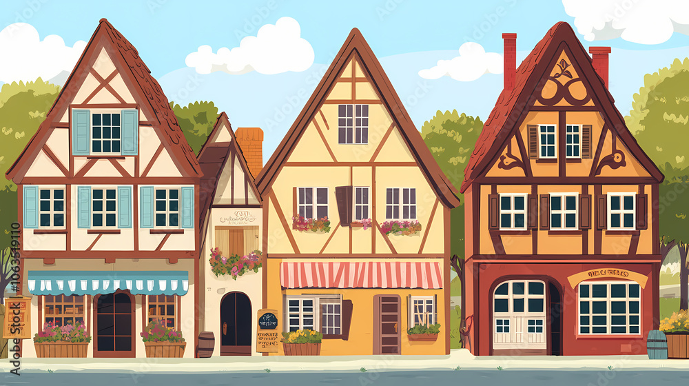 A half-timbered house on a medieval german street. cartoon landscape. Medieval Street Market. Illustration A half-timbered house on a medieval german street. cartoon landscape. Medieval Street Market. Illustration