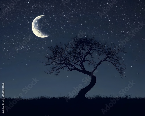 Silhouetted Tree Under Starry Night Sky with Crescent Moon