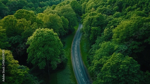 Aerial view from above captures a winding country road surrounded by lush green trees, creating a serene countryside scene with ample copy space for design.