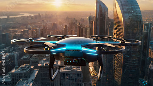 Futuristic Drone Flying Over Modern City Skyline at Sunset