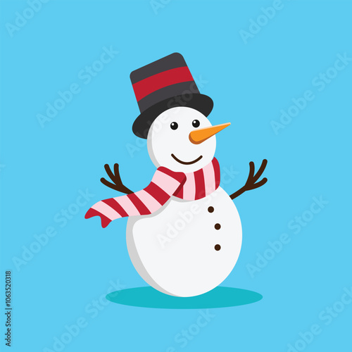 Snowman with hat and scarf. Snowman cartoon character. Vector illustration for winter season