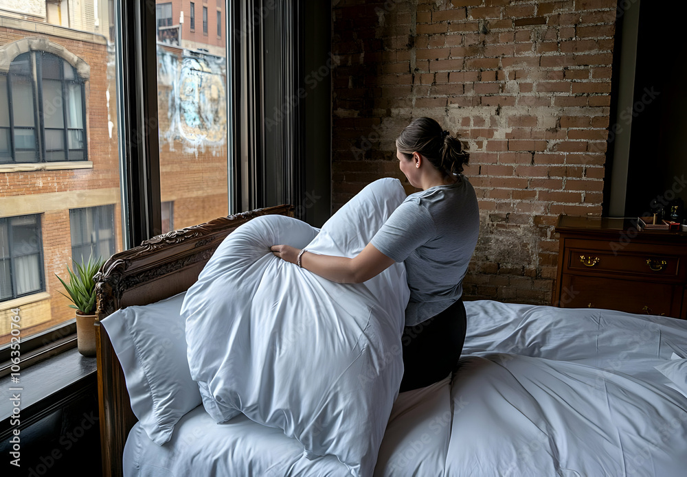 Bedding Set Image - A person arranging bedding on a bed in a stylish room with exposed brick walls. Bedding Set Image - A person arranging bedding on a bed in a stylish room with exposed brick walls.