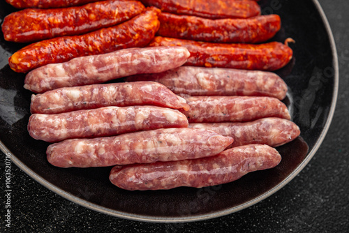 sausage raw meat beef, pork, chicken, lamb, dish fresh gourmet food background on the table rustic food top view copy space