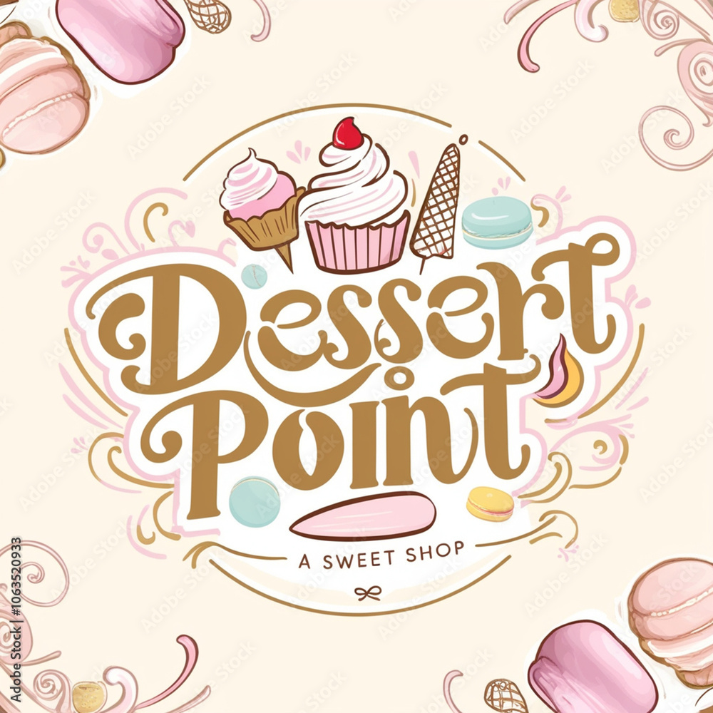 A whimsical dessert point logo for a sweet shop, featuring a stylized, hand-drawn design with pastel colors and ornate details, incorporating iconic dessert elements Generated With AI Image A whimsical dessert point logo for a sweet shop, featuring a stylized, hand-drawn design with pastel colors and ornate details, incorporating iconic dessert elements Generated With AI Image