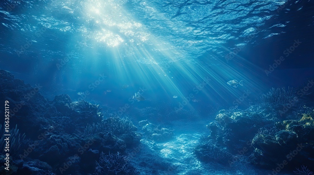 Obraz premium Clear blue ocean depths illuminated by vibrant sunlight, revealing the beauty of underwater life. The tranquil scene captures the essence of ocean depths, perfect for various uses.