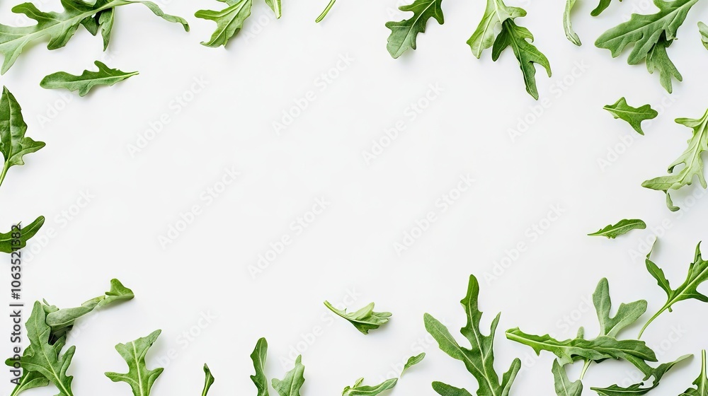 Arugula leaves displayed on a clean white background, emphasizing the vibrant green color of fresh arugula leaves with ample copy space for your design needs. Arugula leaves displayed on a clean white background, emphasizing the vibrant green color of fresh arugula leaves with ample copy space for your design needs.