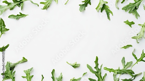 Arugula leaves displayed on a clean white background, emphasizing the vibrant green color of fresh arugula leaves with ample copy space for your design needs.