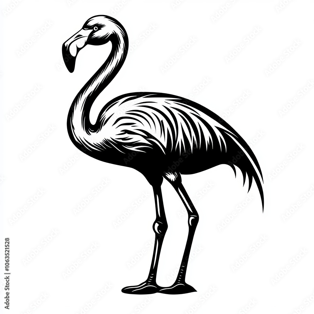 Fototapeta premium A stylized black and white illustration of a flamingo standing gracefully.