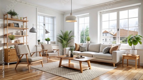 Scandinavian living room with white walls and wooden furniture