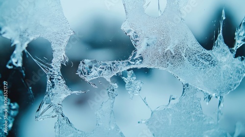 Close-up view through cracked and frosted glass of a broken window, capturing the intricate frost patterns on the glass surface, with ample space for text overlay.