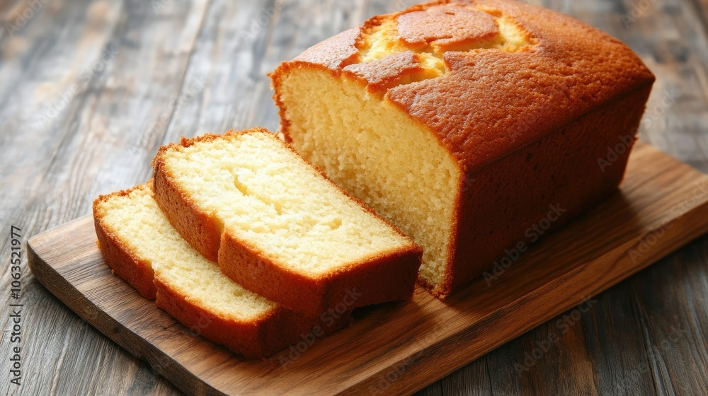 Freshly Baked Loaf of Yellow Cake on Wooden Surface Freshly Baked Loaf of Yellow Cake on Wooden Surface