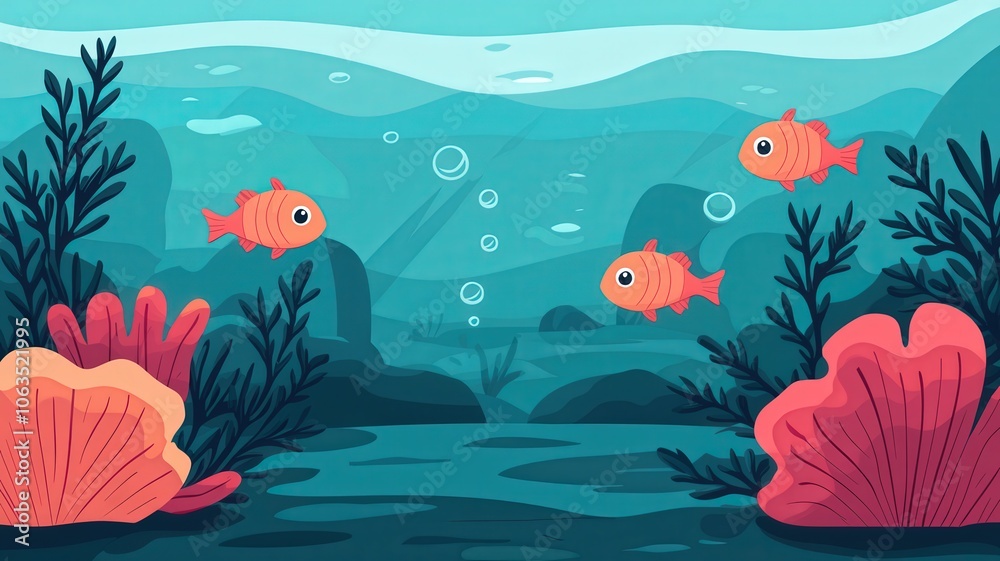 Fototapeta premium A colorful underwater scene featuring playful fish and vibrant coral reefs surrounded by bubbles and aquatic plants.