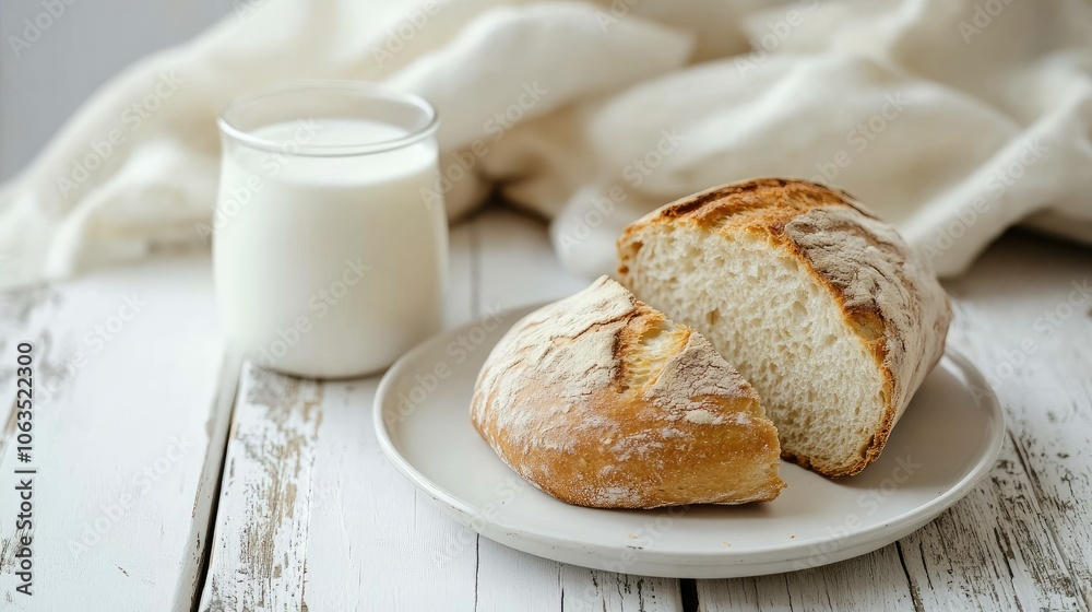 A cozy scene with homemade bread and milk on a white wooden table, creating a warm and inviting mood A cozy scene with homemade bread and milk on a white wooden table, creating a warm and inviting mood