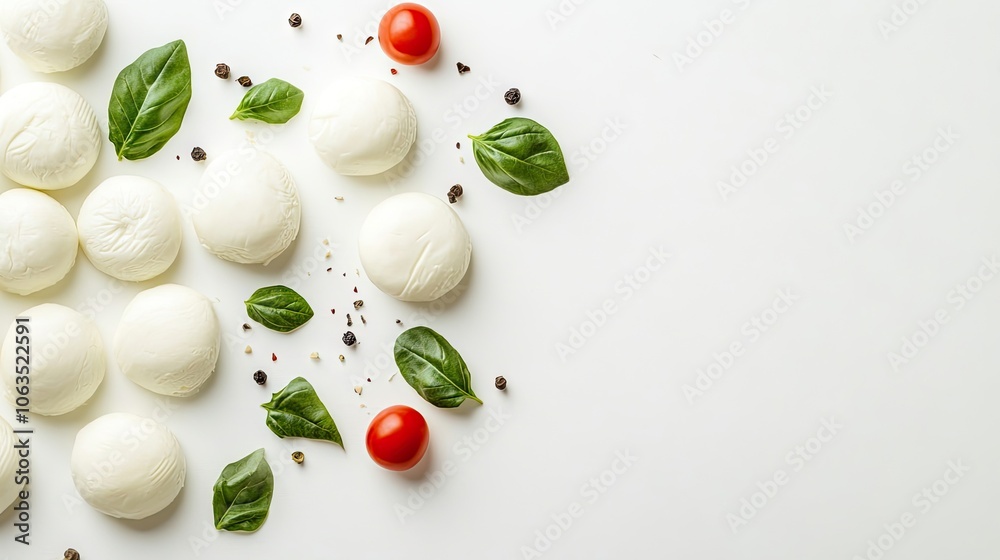 Mozzarella cheese beautifully arranged for menu presentation against a white background, highlighting the delightful texture and freshness of Mozzarella cheese. Ample copy space included. Mozzarella cheese beautifully arranged for menu presentation against a white background, highlighting the delightful texture and freshness of Mozzarella cheese. Ample copy space included.
