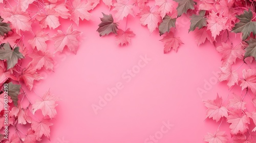 Horizontal composition of pink backdrop adorned with vibrant maple leaves, creating a visually appealing scene. The pink background enhances the maple leaves, providing ample copy space.