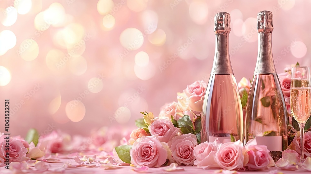 Champagne bottles surrounded by fresh roses on a soft pink texture create an elegant ambiance. The combination of champagne and roses enhances the romantic atmosphere. Champagne bottles surrounded by fresh roses on a soft pink texture create an elegant ambiance. The combination of champagne and roses enhances the romantic atmosphere.