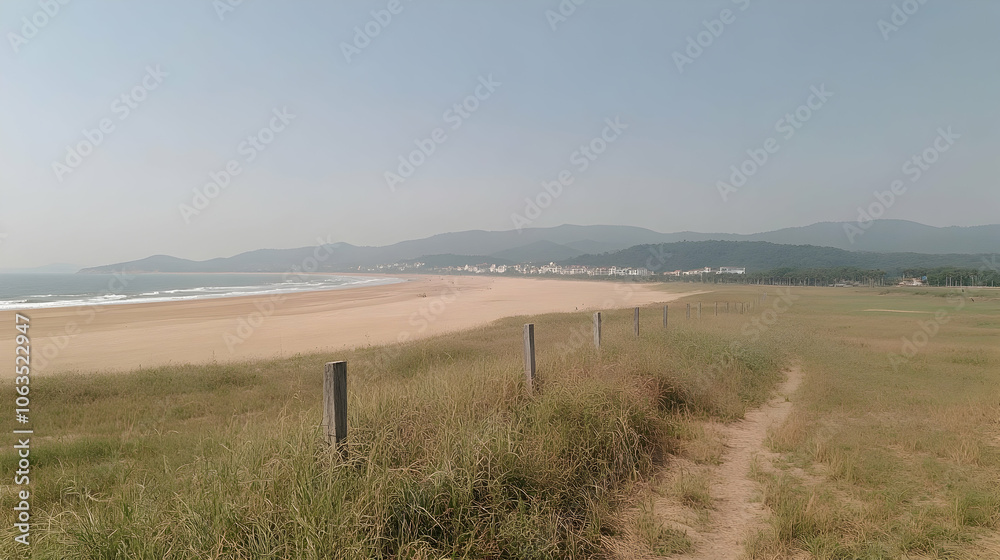 Obraz premium Coastal View with Grass and Sand, beach, sandy, shore, shoreline, dunes