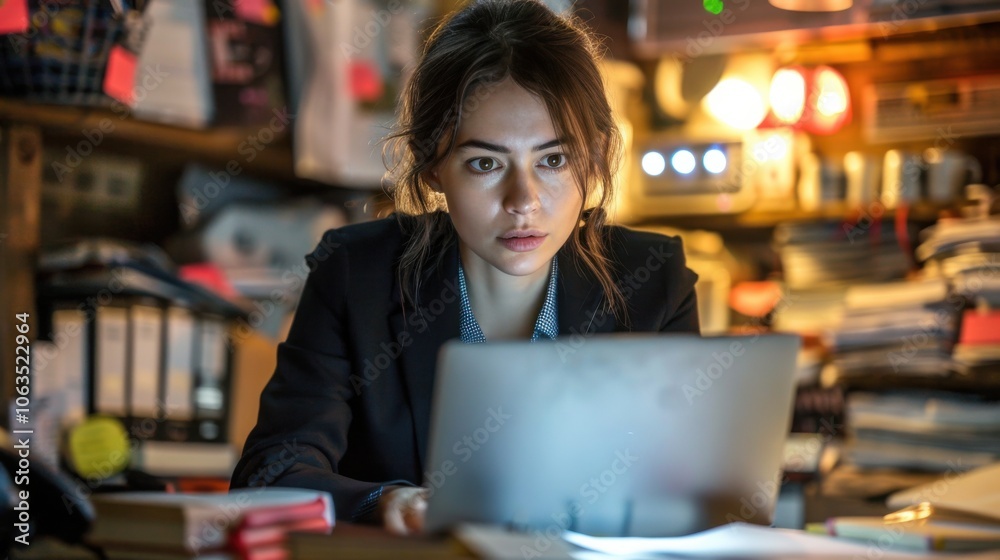 Young woman intensely focused on her laptop, working late at night in a cluttered office with soft, dim lighting.