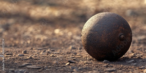 An antique round shot cannonball from the 18th or 19th century rests on the ground, featuring space for text, with a blurred backdrop for emphasis and clarity.