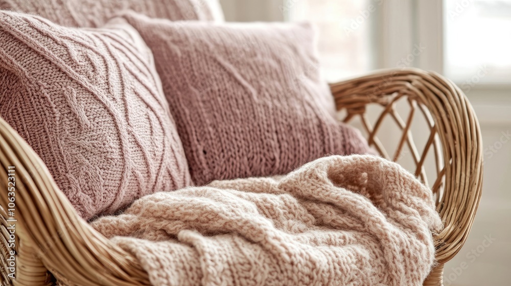 Elegant wicker rattan armchair adorned with soft pink cushions and cozy knitted blankets, captured in close-up detail. Perfect for a furniture marketplace theme with ample copy space. Elegant wicker rattan armchair adorned with soft pink cushions and cozy knitted blankets, captured in close-up detail. Perfect for a furniture marketplace theme with ample copy space.