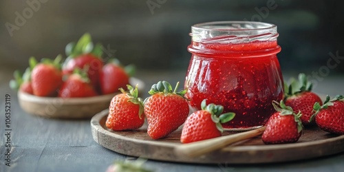 A jar filled with strawberry jam accompanied by ripe, fresh berries creates an inviting and flavorful combination featuring the vibrant taste of strawberries.