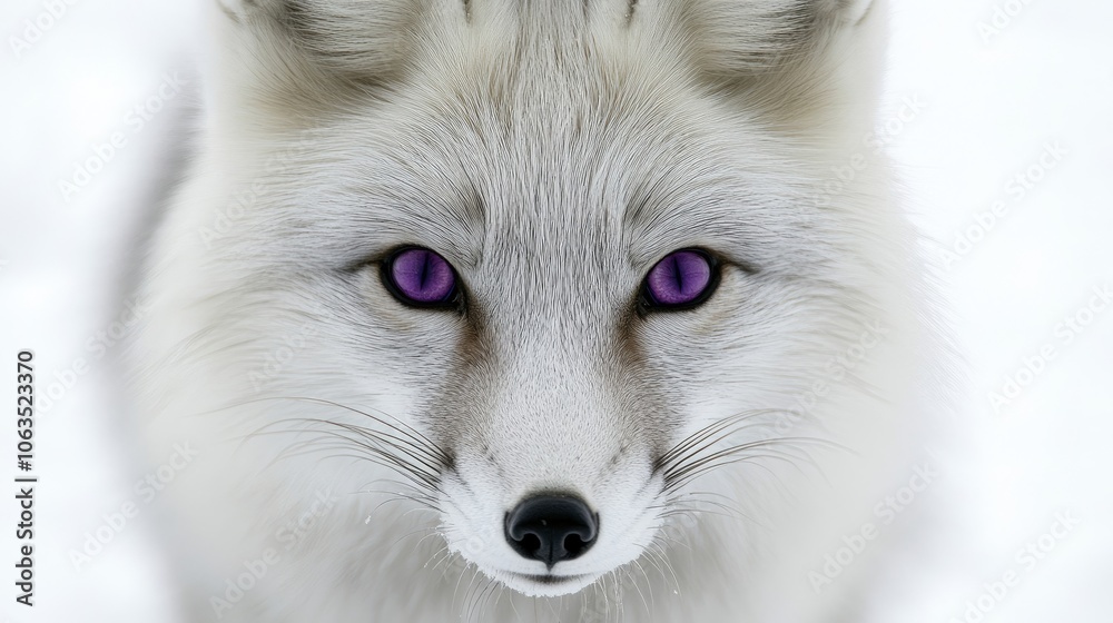 Naklejka premium Silver fox displaying captivating violet eyes, the elegance of this silver fox is accentuated by its striking eye color, perfect for an eye-catching composition with ample copy space.