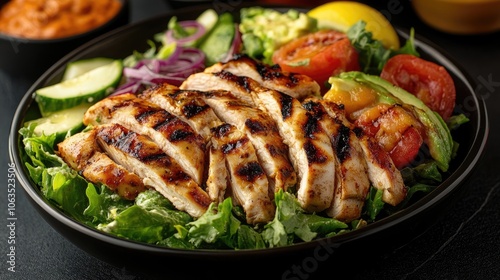 Grilled chicken salad highlights fresh ingredients, incorporating avocado and zesty lemon for a delicious combination. This vibrant grilled chicken salad offers ample copy space for captions.