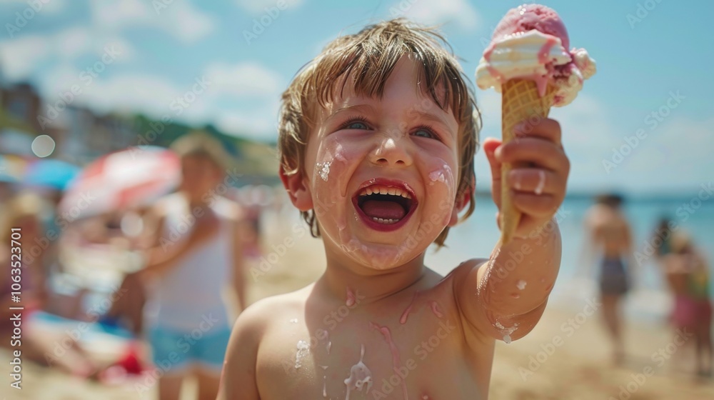 A cheerful boy holding an ice cream at the seafront, enjoying a sunny day at the beach. His face and body are smeared with melting ice cream. A cheerful boy holding an ice cream at the seafront, enjoying a sunny day at the beach. His face and body are smeared with melting ice cream.