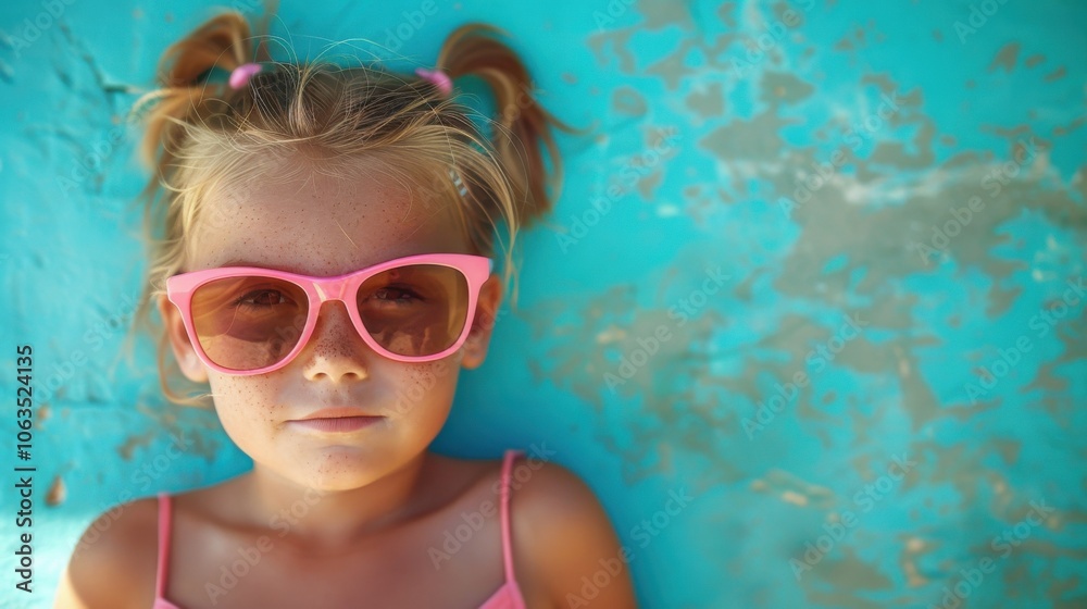 Stylish little girl in pink sunglasses poses against a vibrant turquoise background, exuding a cool and playful vibe. Stylish little girl in pink sunglasses poses against a vibrant turquoise background, exuding a cool and playful vibe.