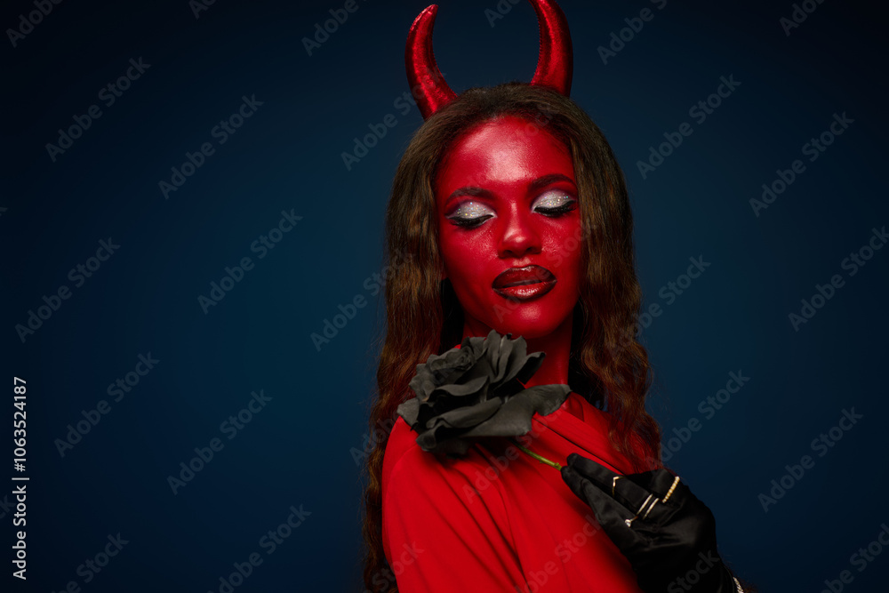 The captivating woman in red devil attire holds a dark rose, embodying Halloween spirit. The captivating woman in red devil attire holds a dark rose, embodying Halloween spirit.