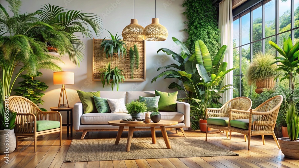 Fototapeta premium Tropical-themed living room with vibrant plants and rattan furniture