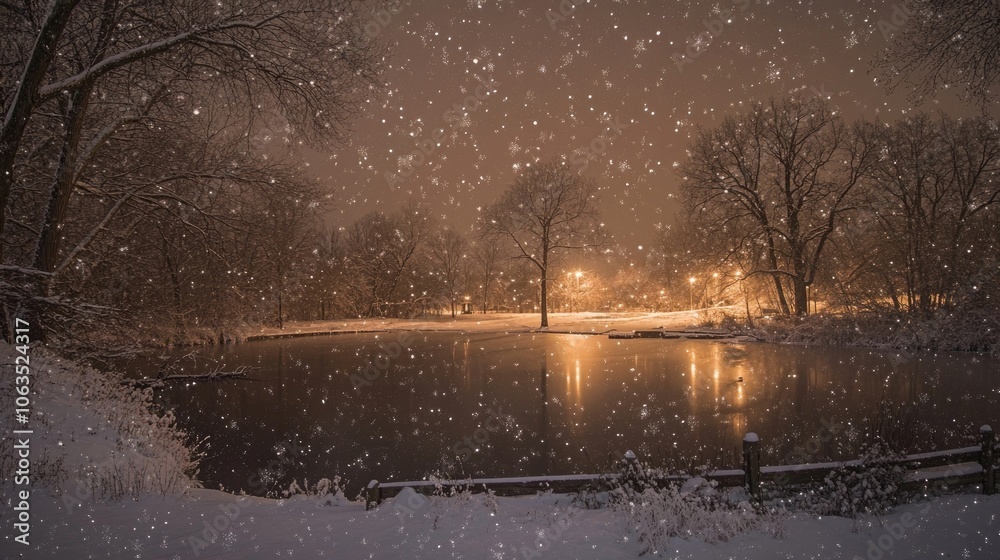 A wintery night transforms the landscape with gently falling snowflakes, creating a serene scene that captures the essence of snowfall in a tranquil setting with ample copy space. A wintery night transforms the landscape with gently falling snowflakes, creating a serene scene that captures the essence of snowfall in a tranquil setting with ample copy space.
