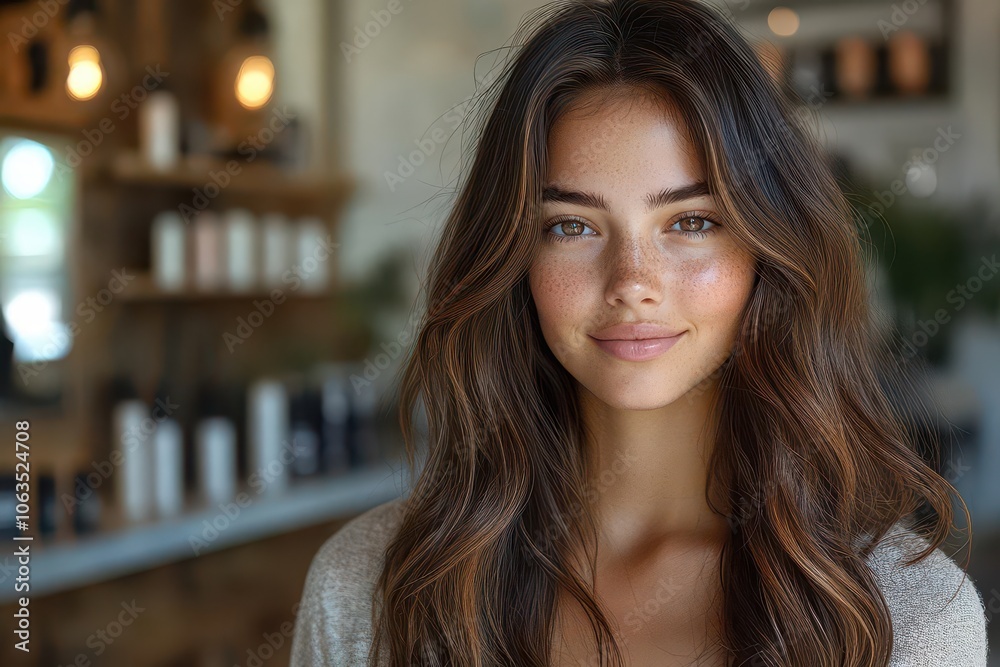 gorgeous young woman with long shiny brown hair showcasing a luxurious beauty treatment conveying a sense of elegance and selfcare in a welllit salon setting gorgeous young woman with long shiny brown hair showcasing a luxurious beauty treatment conveying a sense of elegance and selfcare in a welllit salon setting