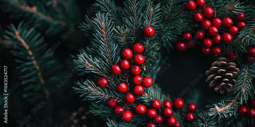 A decorative Christmas wreath adorned with vibrant red berries and fresh pine needles, perfect for adding a festive touch to any holiday setting. A decorative Christmas wreath adorned with vibrant red berries and fresh pine needles, perfect for adding a festive touch to any holiday setting.