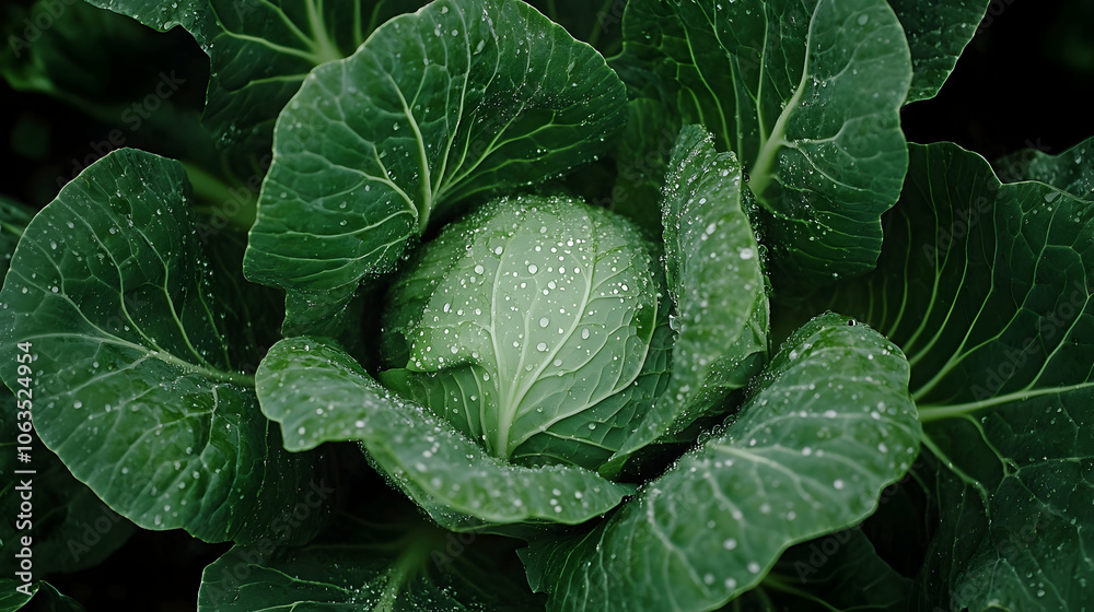 Obraz premium Fresh Green Cabbage with Dew Drops, vegetable, leaves, water, nature, organic
