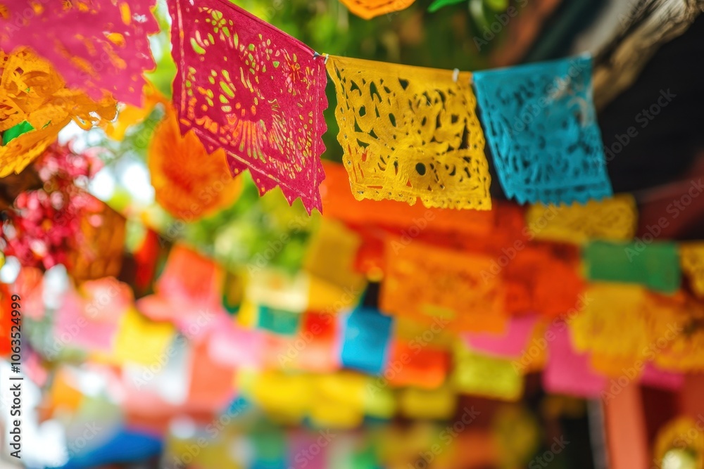 Fototapeta premium A Mexican fiesta with decorations in bright colors and traditional papel picado banners