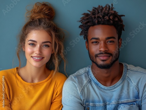 Two diverse people with friendly expressions stand against a solid blue background, one wearing a yellow top and the other in a light denim shirt.