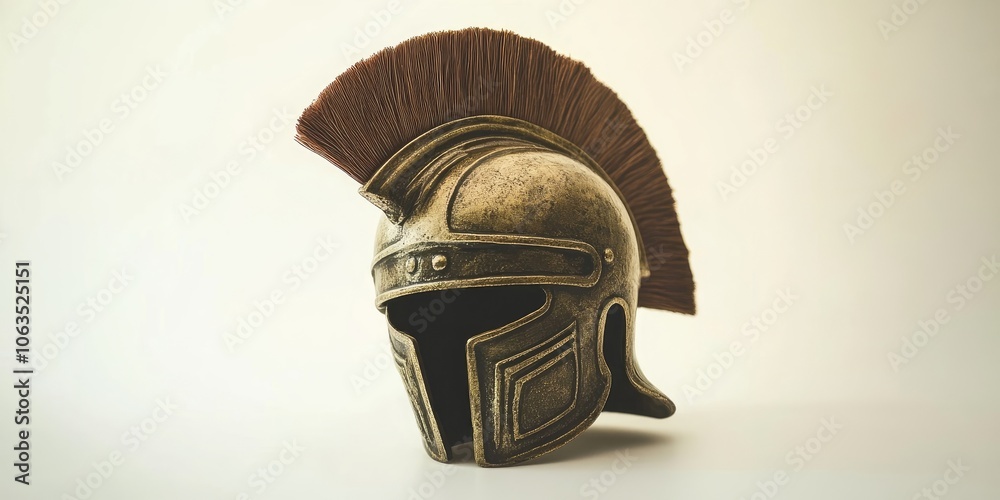 Fototapeta premium A Roman gladiator helmet set against a clean white backdrop. This helmet represents the fierce warriors of ancient Rome, embodying strength and valor.