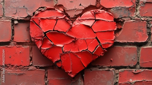 A horizontal image of a broken red heart shape crafted from crumbling bricks, highlighting the intricate texture of the bricks and the unique design, with ample copy space. photo