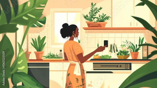 A vibrant kitchen filled with greenery from potted herbs,