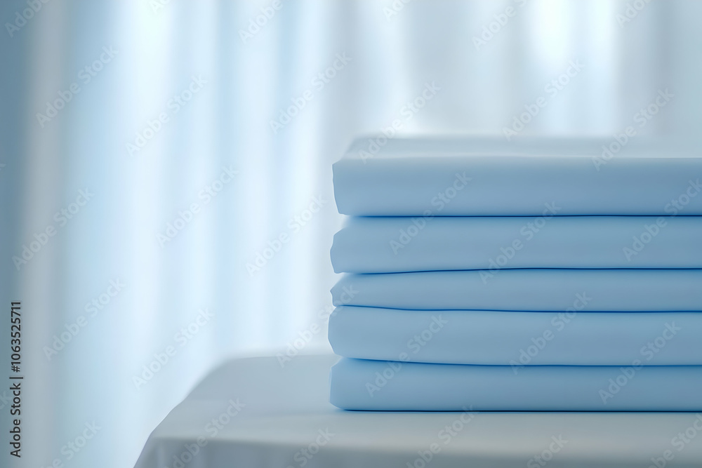 Bedding Set Image - A stack of neatly folded light blue linens on a table, suggesting cleanliness and organization. Bedding Set Image - A stack of neatly folded light blue linens on a table, suggesting cleanliness and organization.