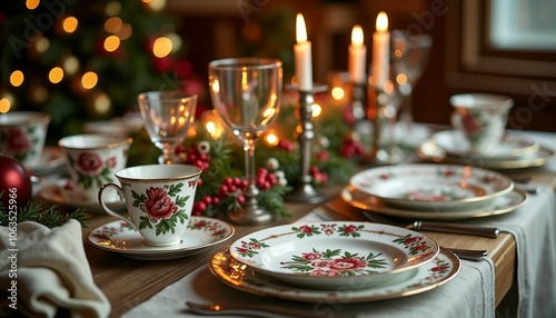 Elegant Christmas dining table with white and gold vintage china and holiday decor